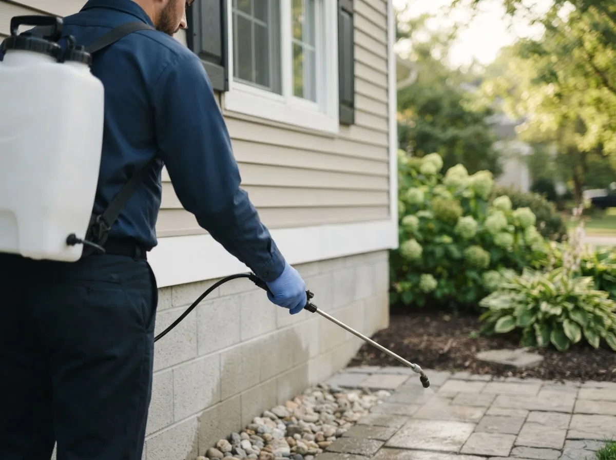 Pest control technician inspecting a home in Hebron, ME